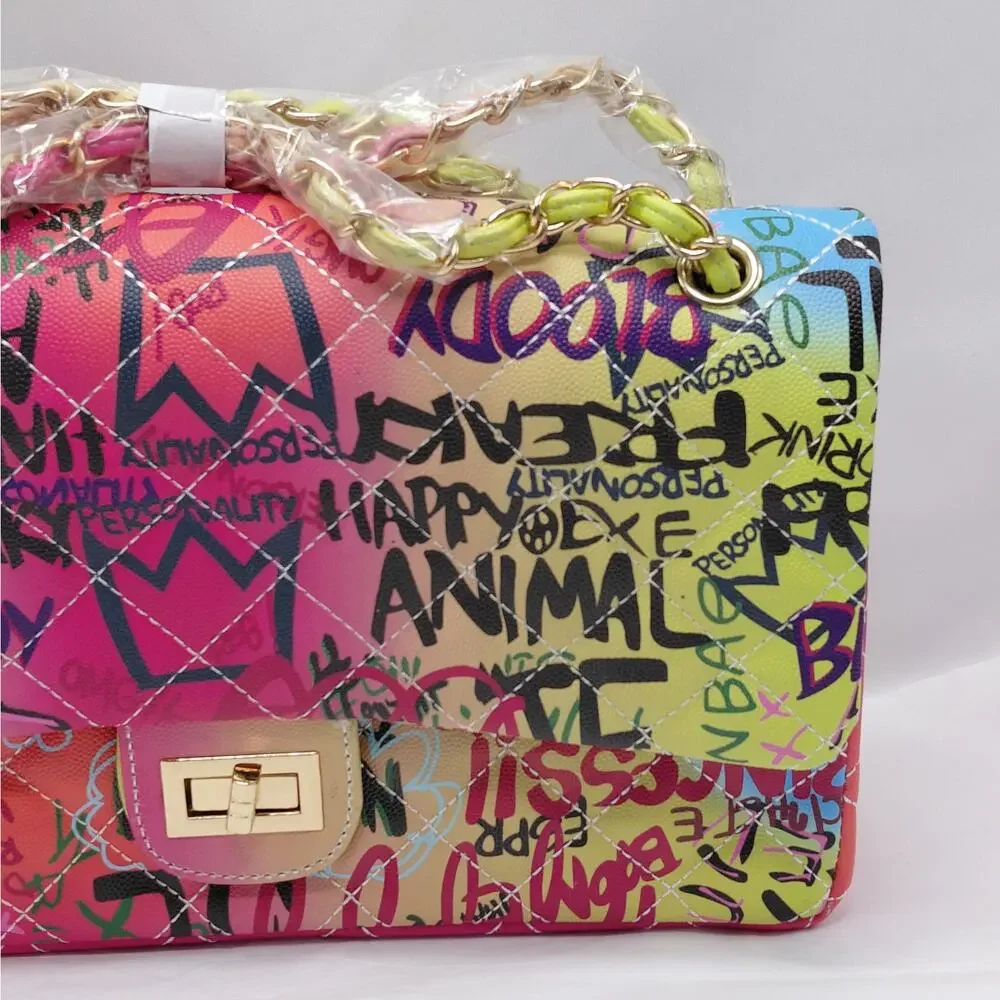 Graffiti Quilted Shoulder Bag Women's Colorful Graphic Casual Crossbody Purse
